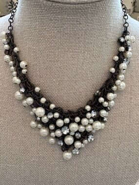 Pearl and Crystal Cluster Statement Necklace Cascading Design Bronze Chain